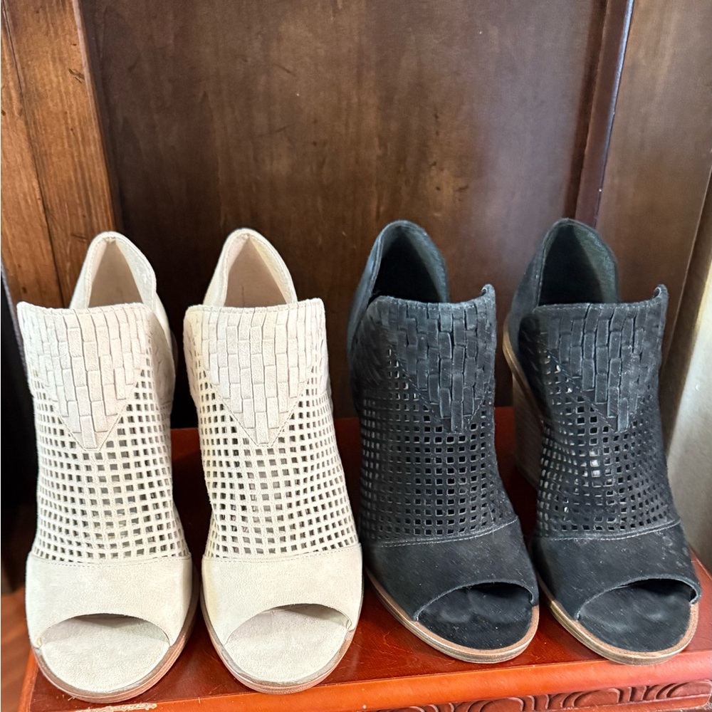 Vince Camuto Black and Cream Heeled Peep-Toe Boots